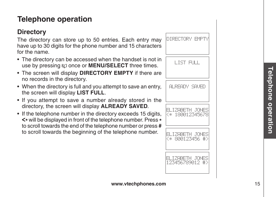 Directory, Telephone operation | VTech VT-DS6121 User Manual | Page 19 / 69