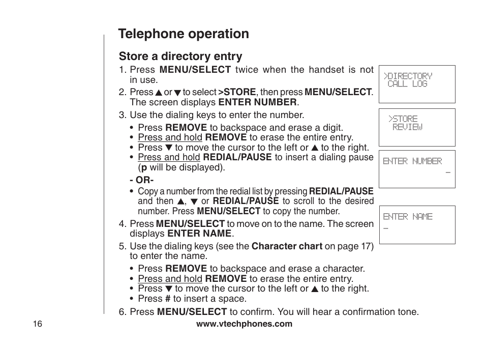 Store a directory entry, Telephone operation | VTech VT-DS6121 User Manual | Page 20 / 69