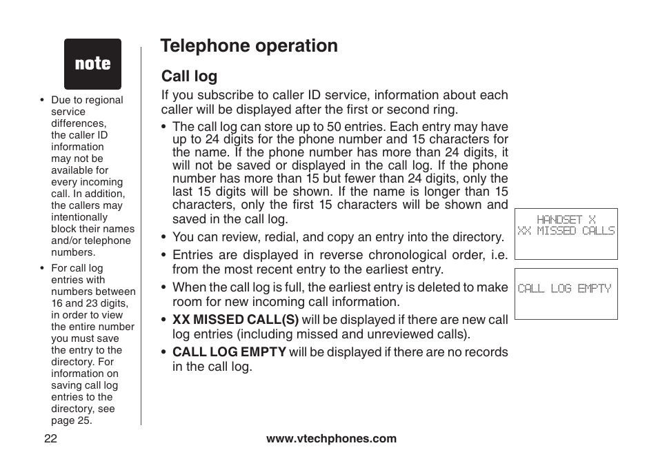 Call log, Telephone operation | VTech VT-DS6121 User Manual | Page 26 / 69