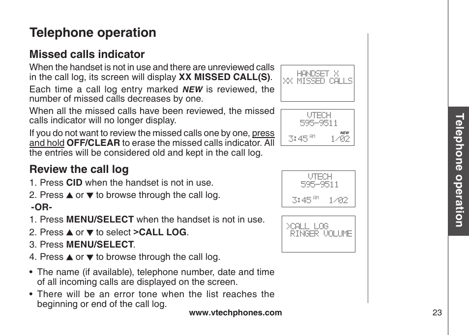 Review the call log, Telephone operation, Te le ph on e o pe ra tio n | Missed calls indicator | VTech VT-DS6121 User Manual | Page 27 / 69