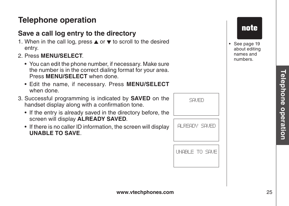 Save a call log entry to the directory, Telephone operation | VTech VT-DS6121 User Manual | Page 29 / 69