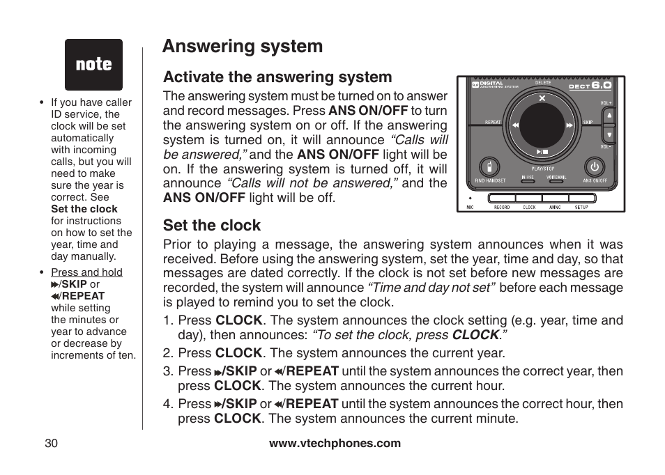 Activate the answering system set the clock, Answering system, Activate the answering system | Set the clock | VTech VT-DS6121 User Manual | Page 34 / 69