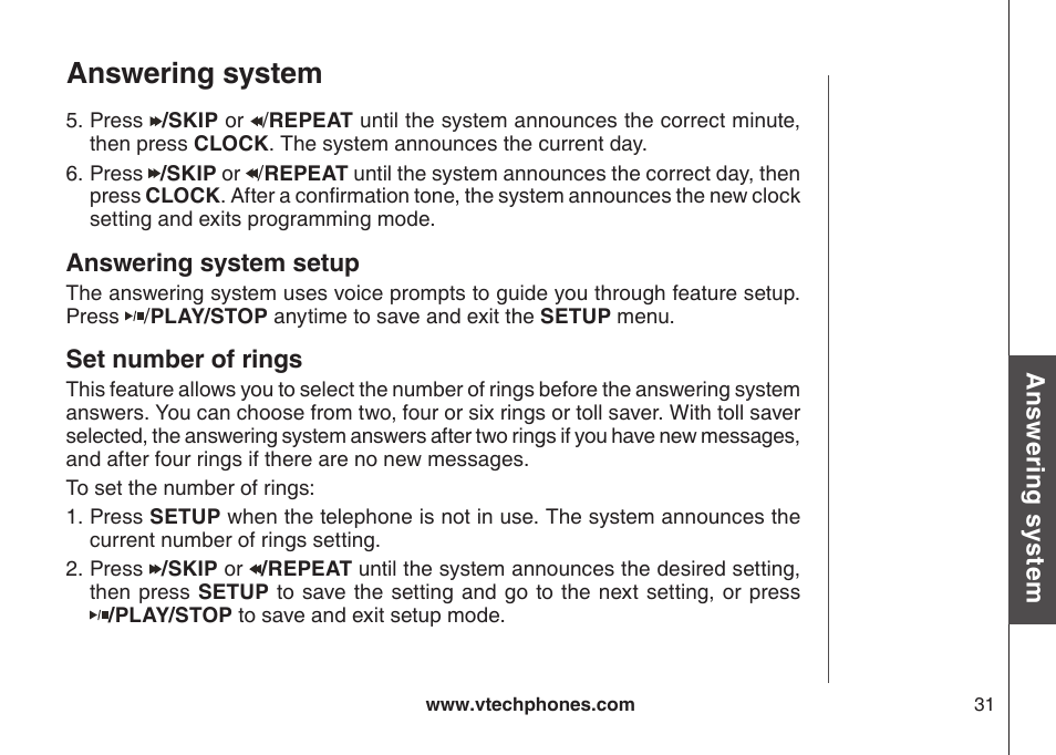 Answering system setup set number of rings, Answering system | VTech VT-DS6121 User Manual | Page 35 / 69