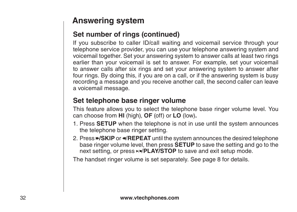 Answering system, Set number of rings (continued), Set telephone base ringer volume | VTech VT-DS6121 User Manual | Page 36 / 69