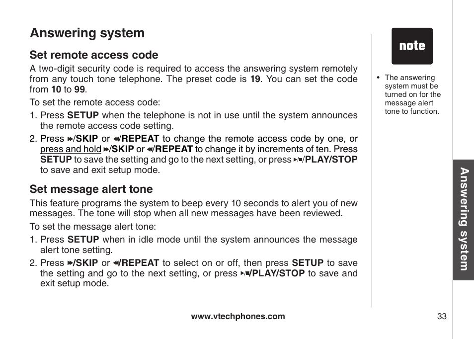 Set message alert tone, Answering system | VTech VT-DS6121 User Manual | Page 37 / 69