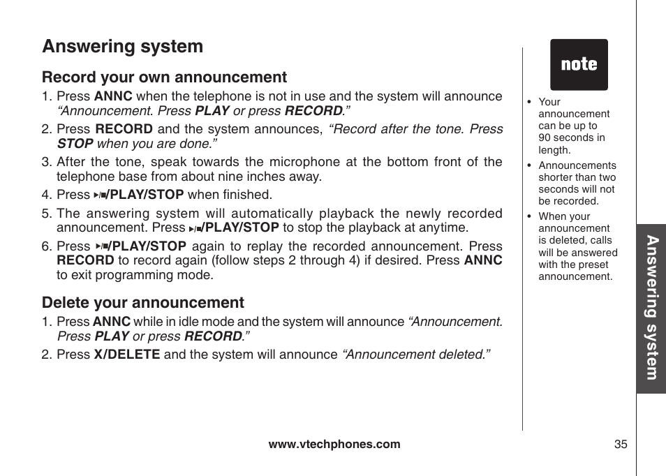 Record your own announcement, Delete your announcement, Answering system | Ans w er in g s ys te m | VTech VT-DS6121 User Manual | Page 39 / 69