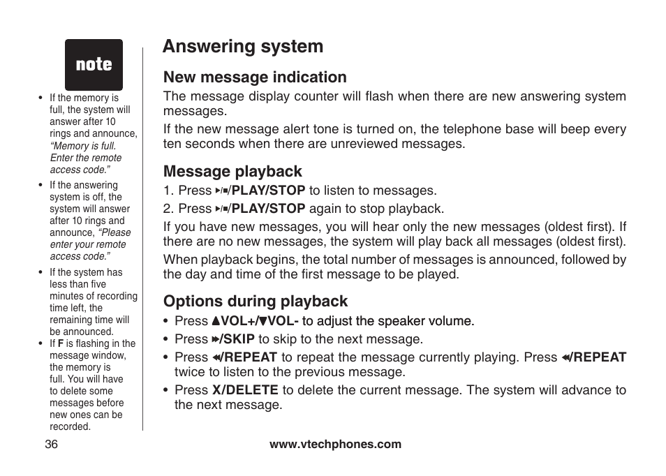 New message indication, Message playback, Options during playback | Answering system | VTech VT-DS6121 User Manual | Page 40 / 69