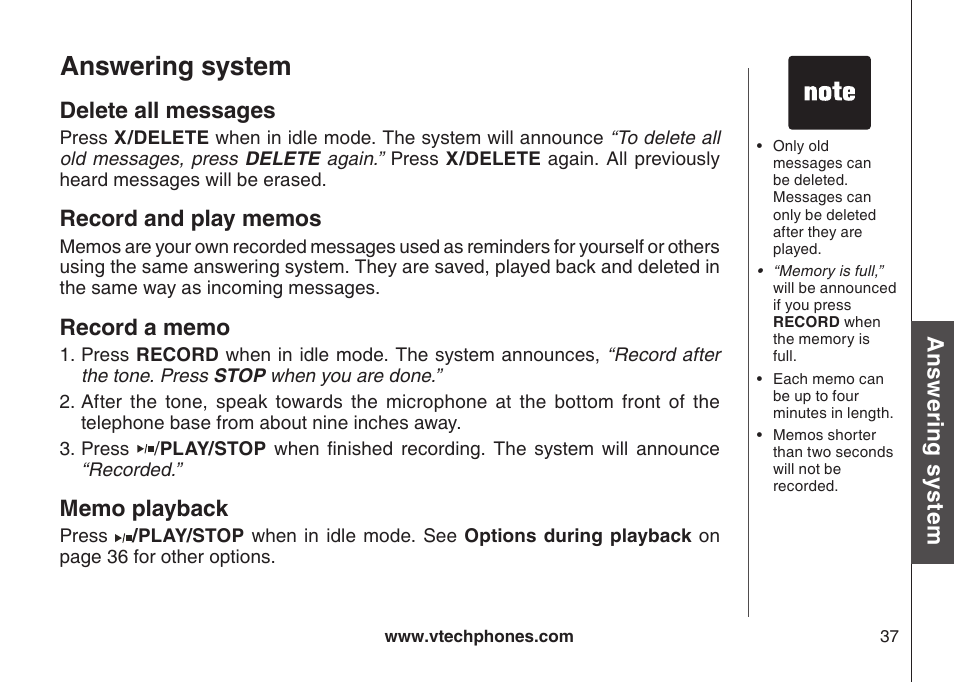 Delete all messages, Record and play memos, Record a memo | Memo playback, Answering system, Ans w er in g s ys te m delete all messages | VTech VT-DS6121 User Manual | Page 41 / 69