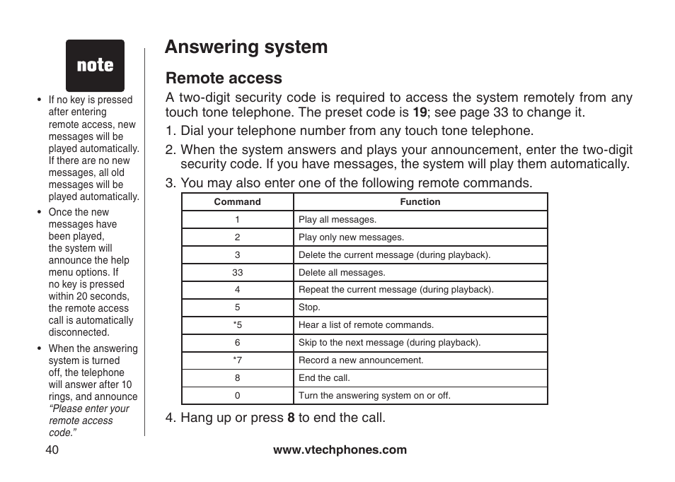 Remote access, Answering system | VTech VT-DS6121 User Manual | Page 44 / 69