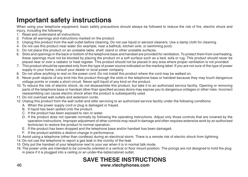 Important safety instructions, Save these instructions | VTech VT-DS6121 User Manual | Page 50 / 69