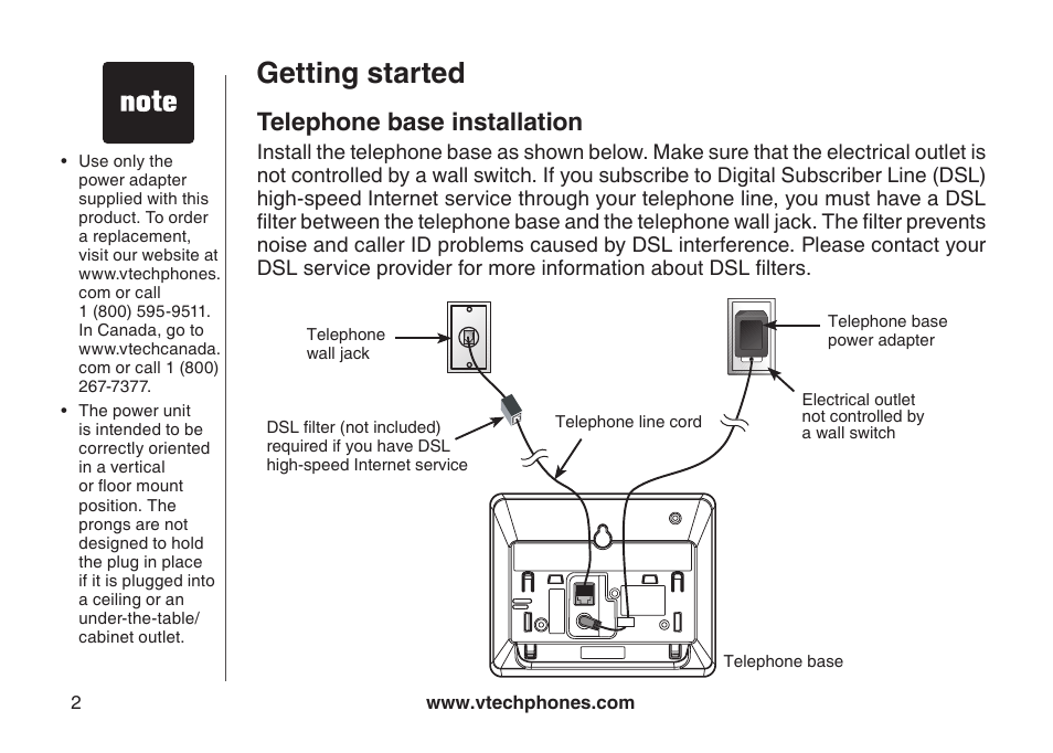 Telephone base installation, Getting started | VTech VT-DS6121 User Manual | Page 6 / 69