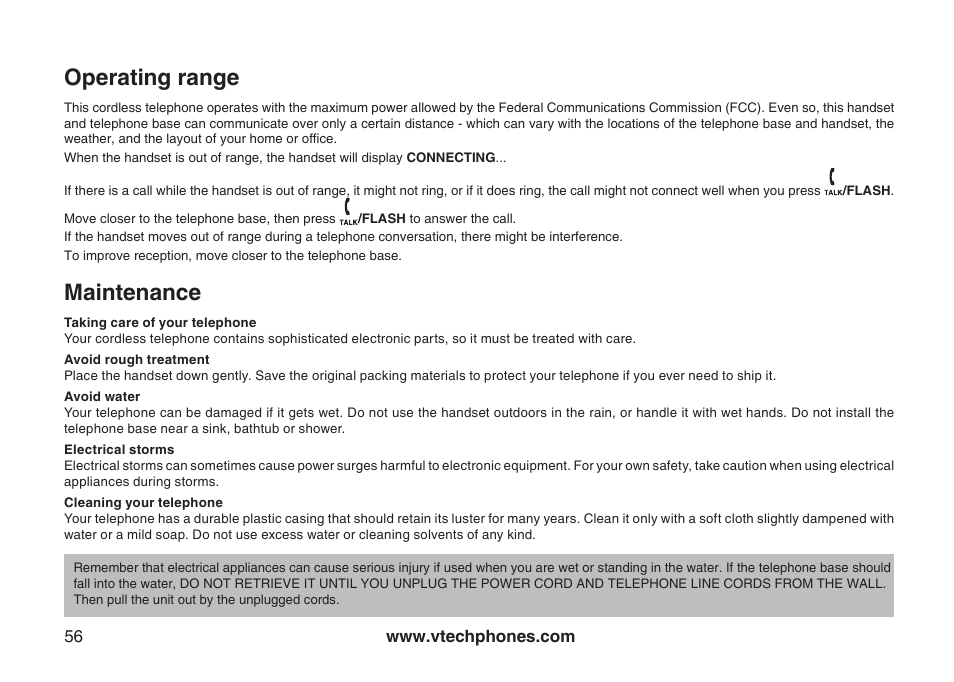 Operating range, Maintenance | VTech VT-DS6121 User Manual | Page 60 / 69