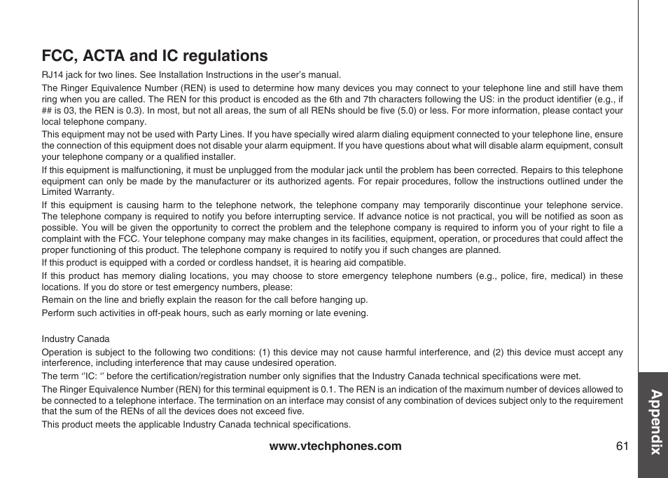 Fcc, acta and ic regulations, Appendix | VTech VT-DS6121 User Manual | Page 65 / 69