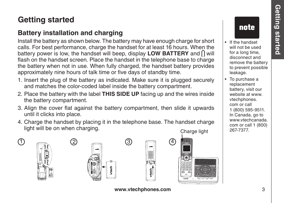 Battery installation and charging, Getting started, Gett in g s ta rte d | VTech VT-DS6121 User Manual | Page 7 / 69