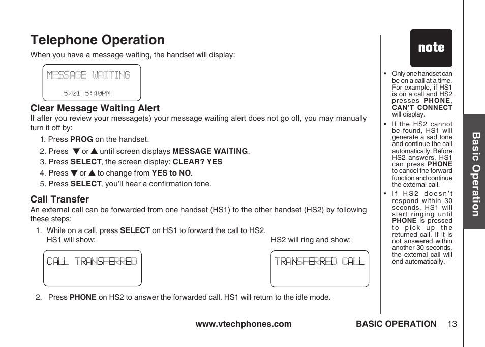 Telephone operation, Bas ic o pe ra tio n | VTech IA5864 User Manual | Page 13 / 51