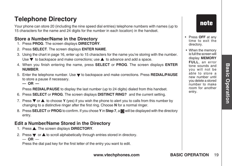 Telephone directory, Bas ic o pe ra tio n | VTech IA5864 User Manual | Page 19 / 51