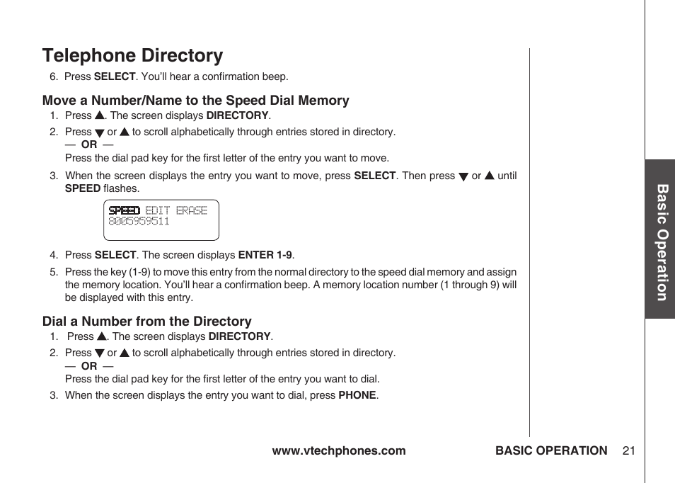 Telephone directory, Bas ic o pe ra tio n | VTech IA5864 User Manual | Page 21 / 51