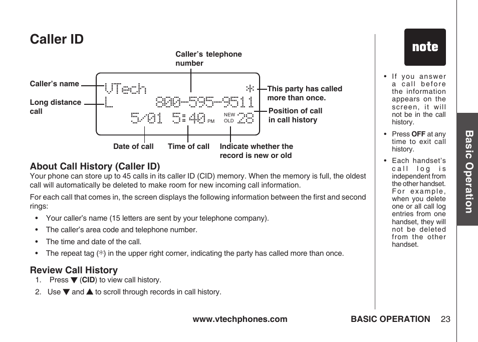 Caller id, Bas ic o pe ra tio n | VTech IA5864 User Manual | Page 23 / 51