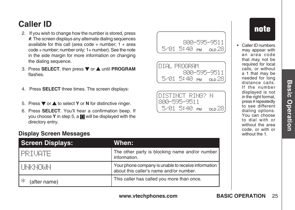 Caller id, Bas ic o pe ra tio n, Screen displays: when | VTech IA5864 User Manual | Page 25 / 51