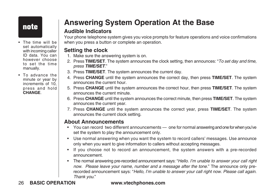 Answering system operation at the base | VTech IA5864 User Manual | Page 26 / 51