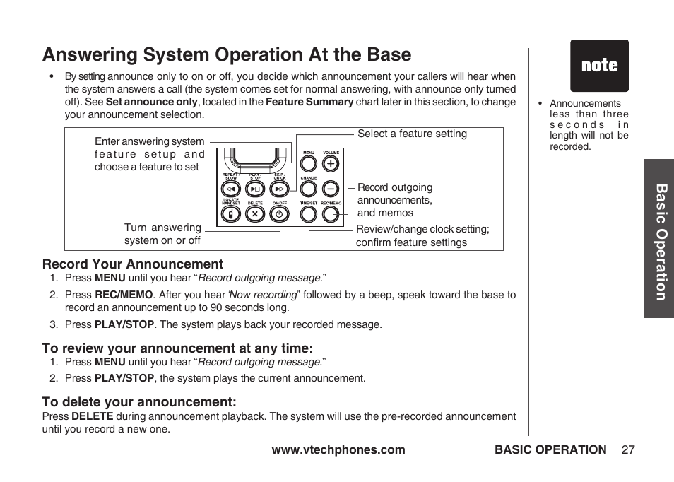 Answering system operation at the base, Bas ic o pe ra tio n | VTech IA5864 User Manual | Page 27 / 51