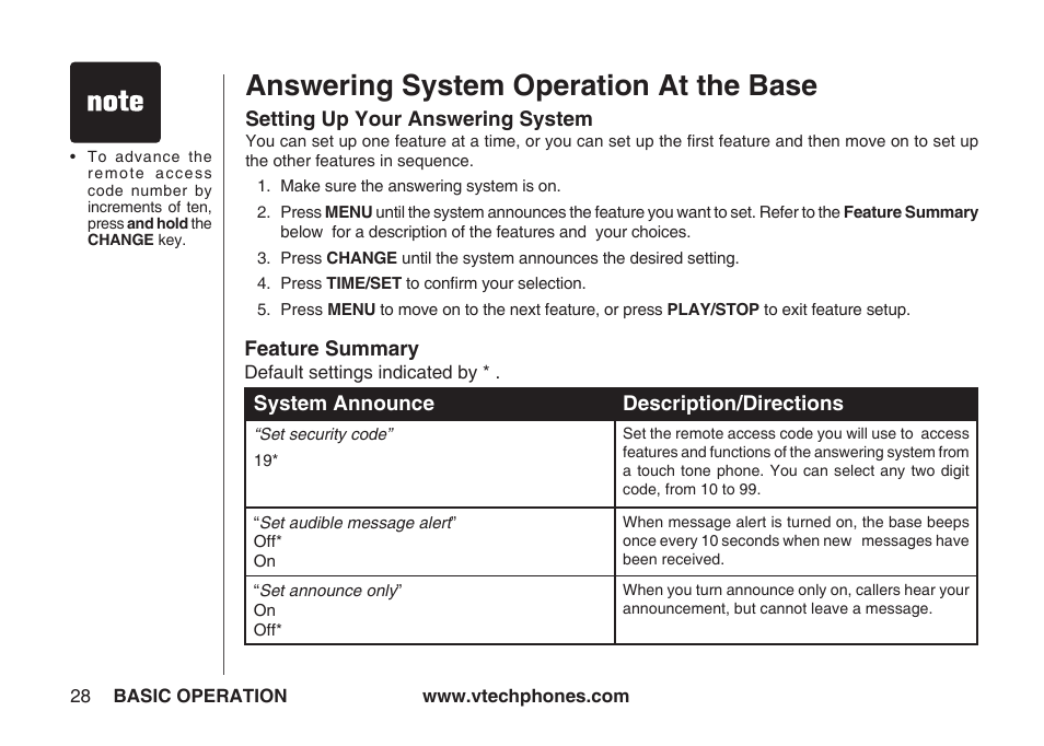 Answering system operation at the base | VTech IA5864 User Manual | Page 28 / 51