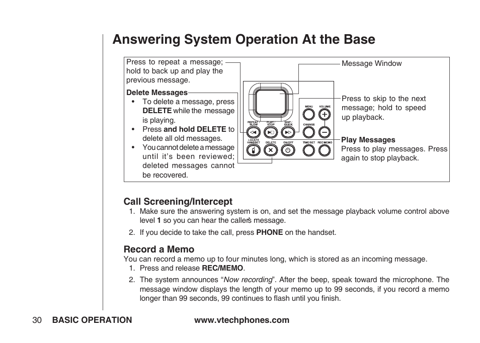 Answering system operation at the base | VTech IA5864 User Manual | Page 30 / 51