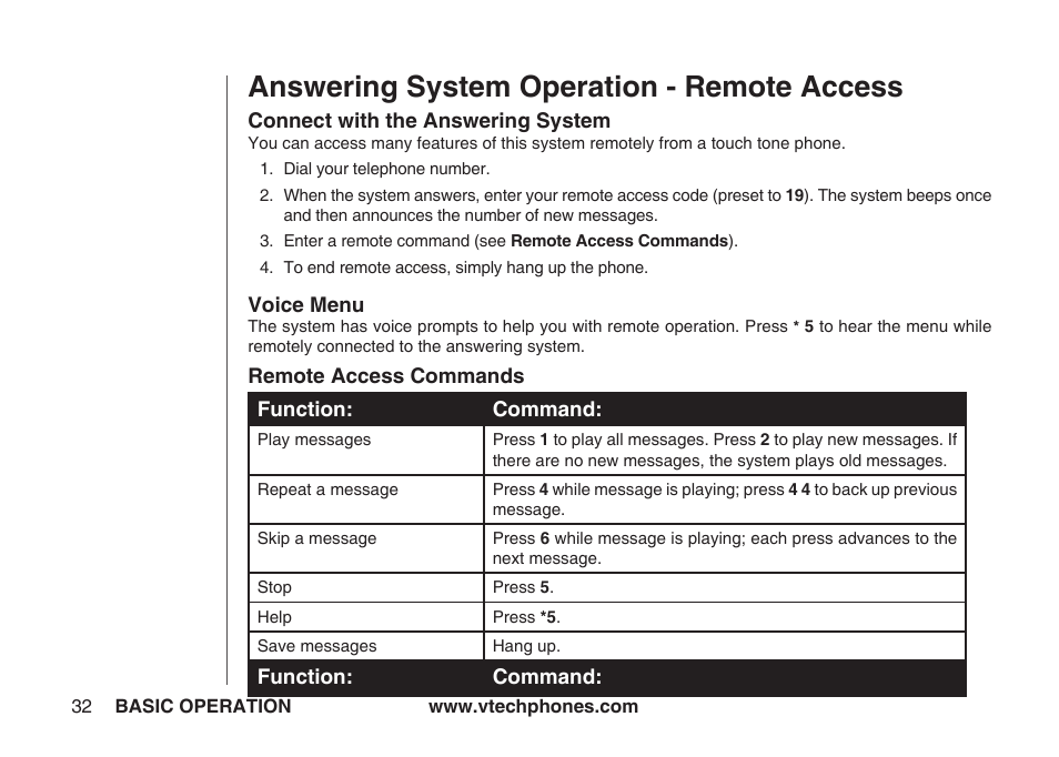 Answering system operation - remote access | VTech IA5864 User Manual | Page 32 / 51