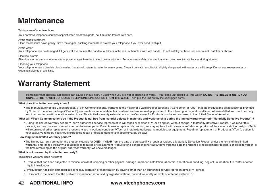 Maintenance, Warranty statement | VTech IA5864 User Manual | Page 42 / 51