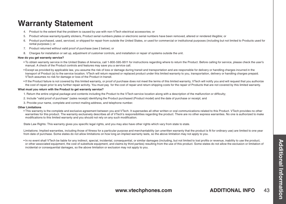 Warranty statement, Additional information, Additional info | VTech IA5864 User Manual | Page 43 / 51