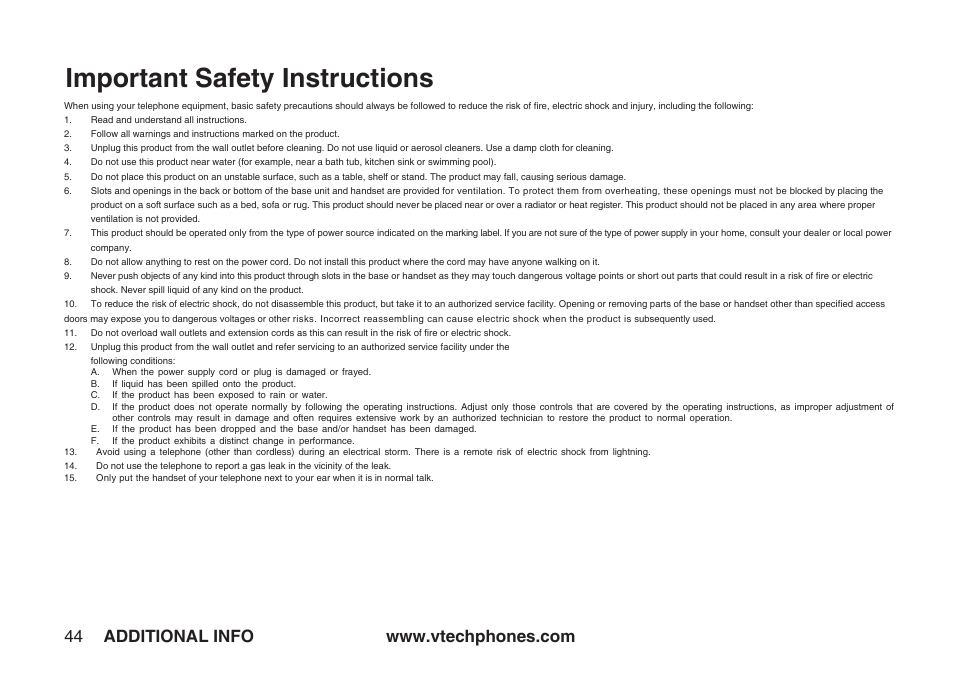 Important safety instructions | VTech IA5864 User Manual | Page 44 / 51