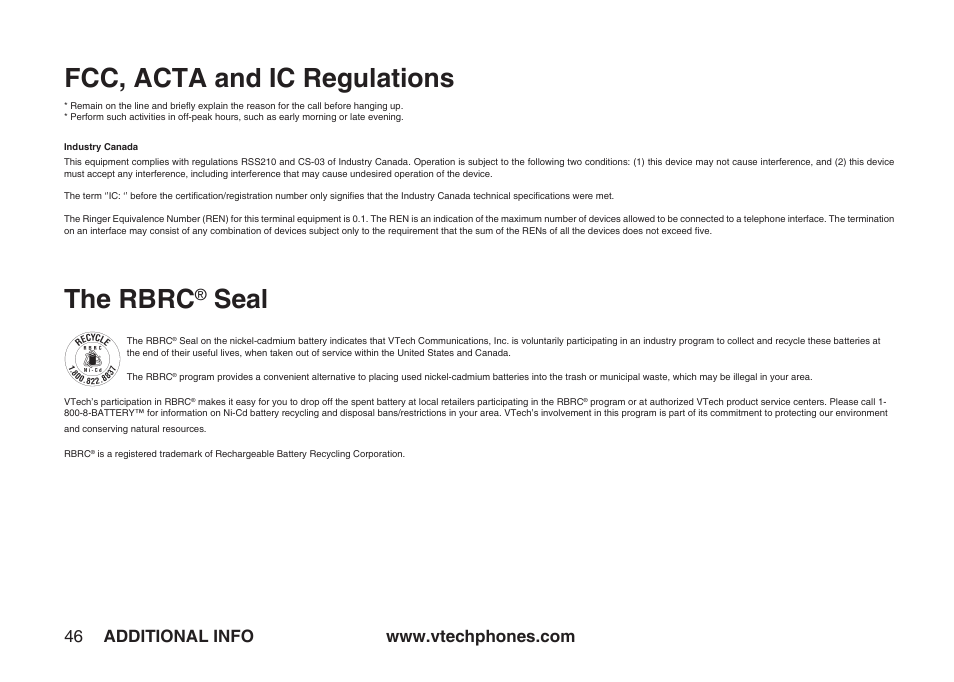 Fcc, acta and ic regulations, The rbrc, Seal | VTech IA5864 User Manual | Page 46 / 51