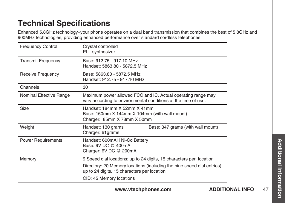 Technical speciﬁcations | VTech IA5864 User Manual | Page 47 / 51