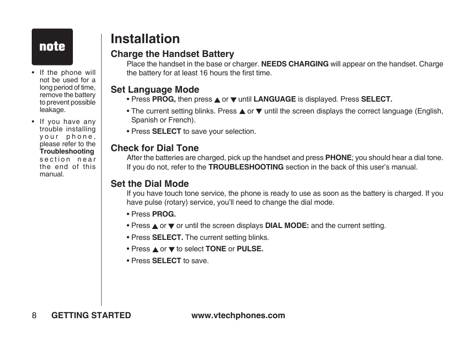 Installation | VTech IA5864 User Manual | Page 8 / 51