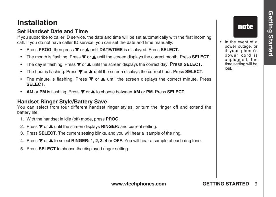 Installation, Gett in g s ta rte d | VTech IA5864 User Manual | Page 9 / 51