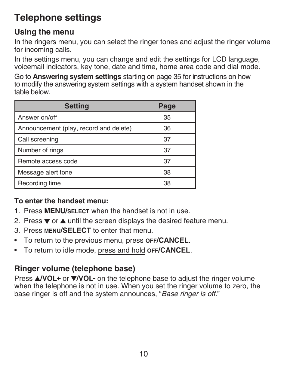 Set contrast, Telephone settings, Using the menu | Ringer volume (telephone base), Telephone settings using the menu, 10 using the menu | VTech CS6429-4  EN User Manual | Page 14 / 76