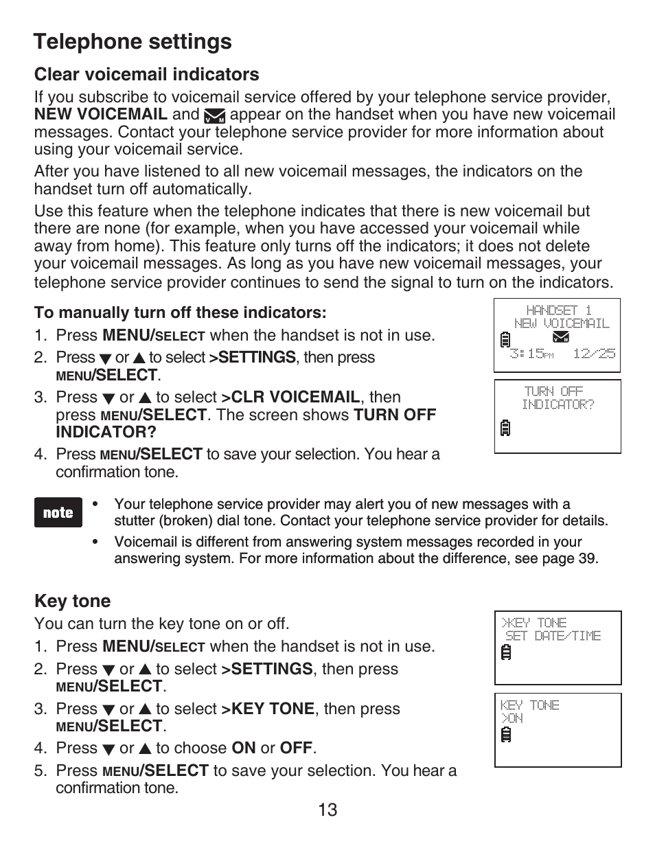 Key tone, Telephone settings, 13 clear voicemail indicators | VTech CS6429-4  EN User Manual | Page 17 / 76