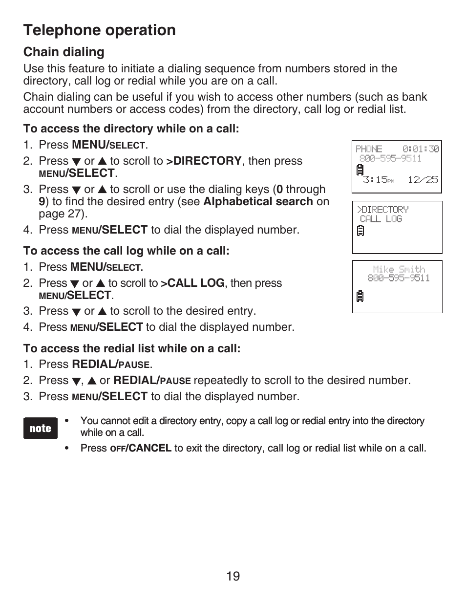 Storing a call history record into directory, Chain dialing, Telephone operation | 19 chain dialing | VTech CS6429-4  EN User Manual | Page 23 / 76