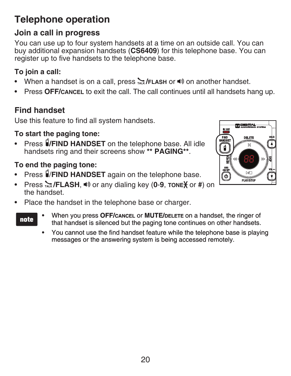 Troubleshooting, Join a call in progress, Find handset | Telephone operation | VTech CS6429-4  EN User Manual | Page 24 / 76