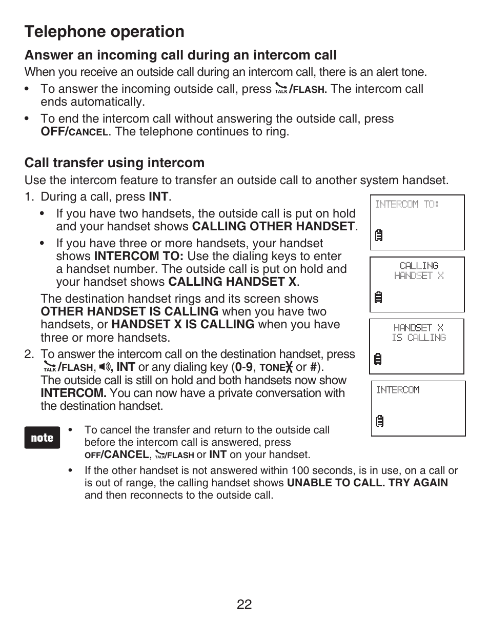 Answer an incoming call during an intercom call, Call transfer using intercom, Answer an incoming call during an | Intercom call, Telephone operation, 22 answer an incoming call during an intercom call | VTech CS6429-4  EN User Manual | Page 26 / 76