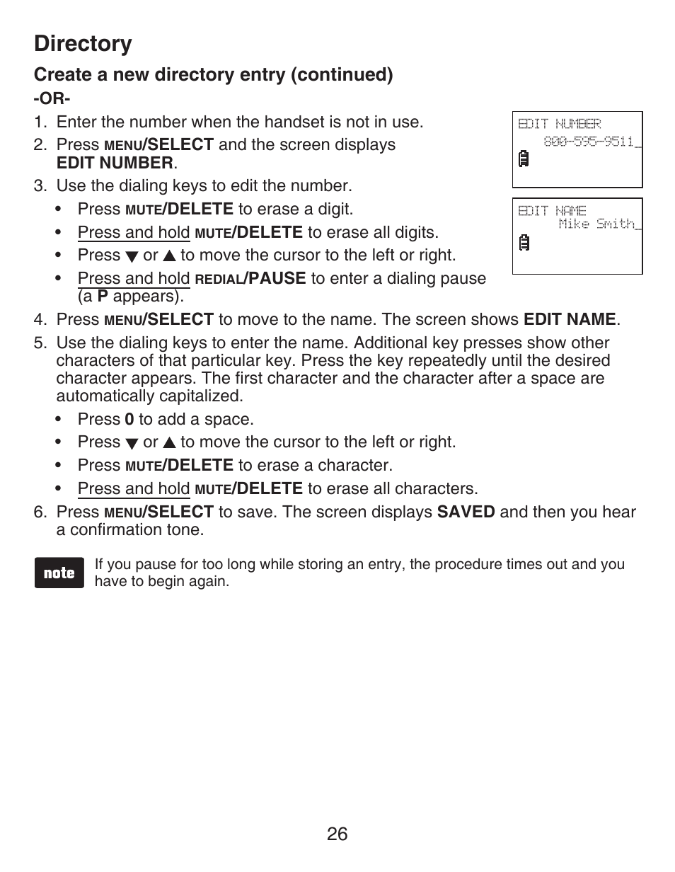 Directory, 26 create a new directory entry (continued) | VTech CS6429-4  EN User Manual | Page 30 / 76