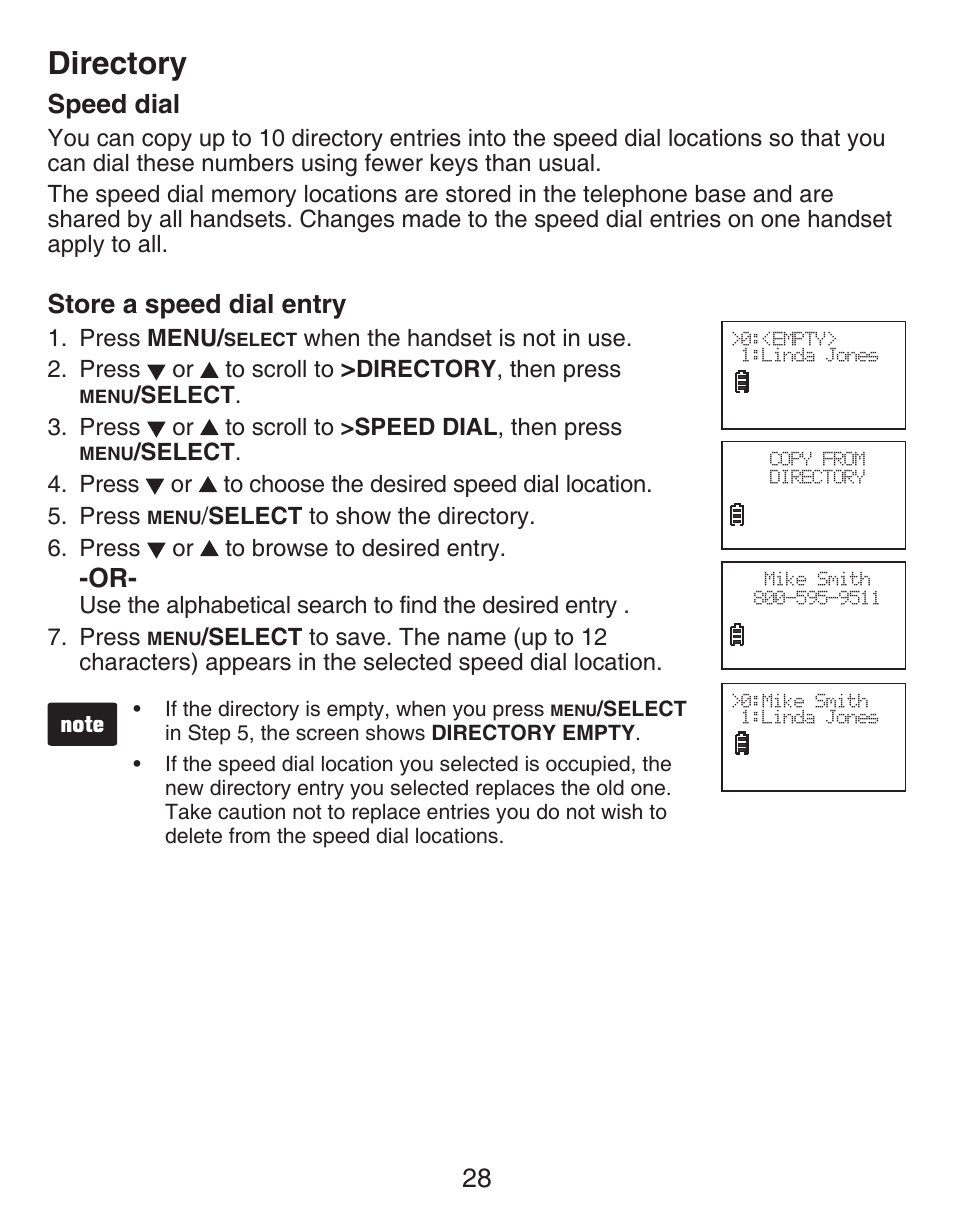 Speed dial, Store a speed dial entry, Directory | 28 speed dial | VTech CS6429-4  EN User Manual | Page 32 / 76