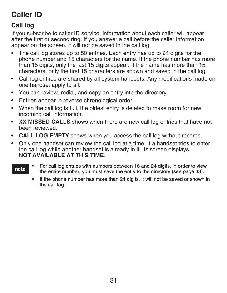 Call log, Caller id | VTech CS6429-4  EN User Manual | Page 35 / 76
