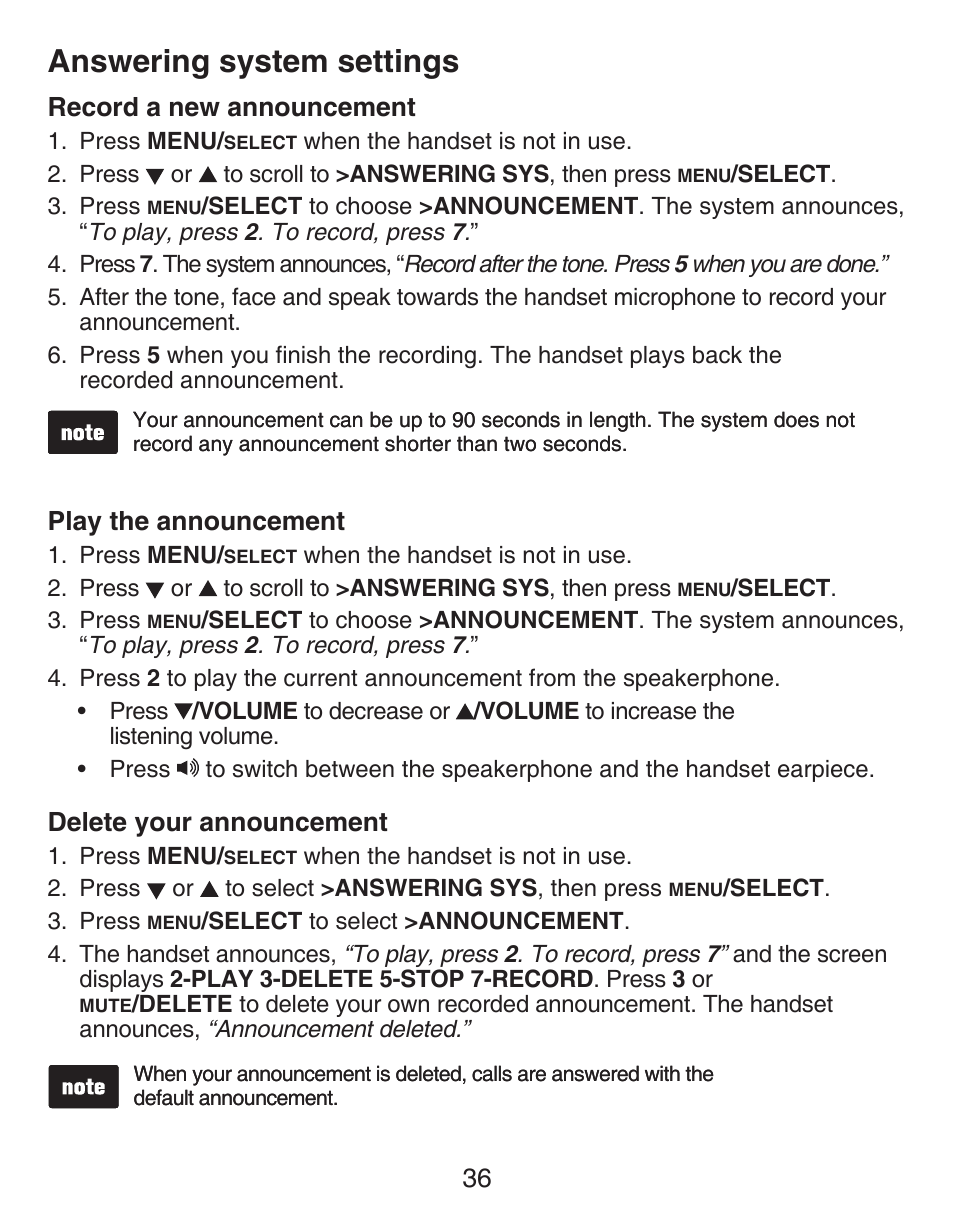 Making and answering a call, Last number redial, Ringer volume control | Handset volume control, Record a new announcement, Play the announcement, Delete your announcement, Answering system settings | VTech CS6429-4  EN User Manual | Page 40 / 76