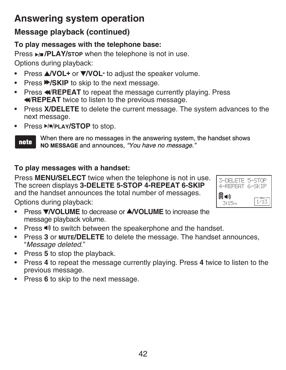 Answering system operation, 42 message playback (continued) | VTech CS6429-4  EN User Manual | Page 46 / 76