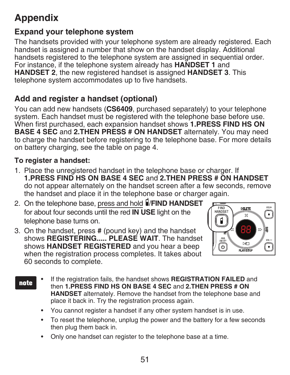 Expand your telephone system, Add and register a handset (optional), Add and register a handset | Appendix | VTech CS6429-4  EN User Manual | Page 55 / 76