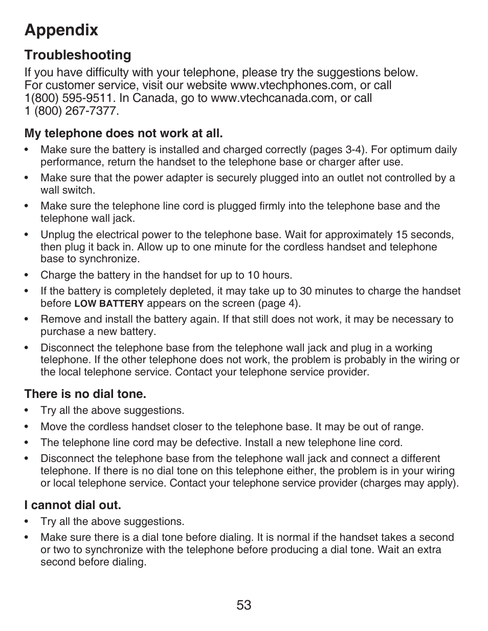 Troubleshooting, Appendix, 53 troubleshooting | VTech CS6429-4  EN User Manual | Page 57 / 76