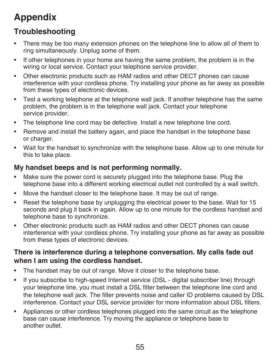 Appendix, Troubleshooting | VTech CS6429-4  EN User Manual | Page 59 / 76