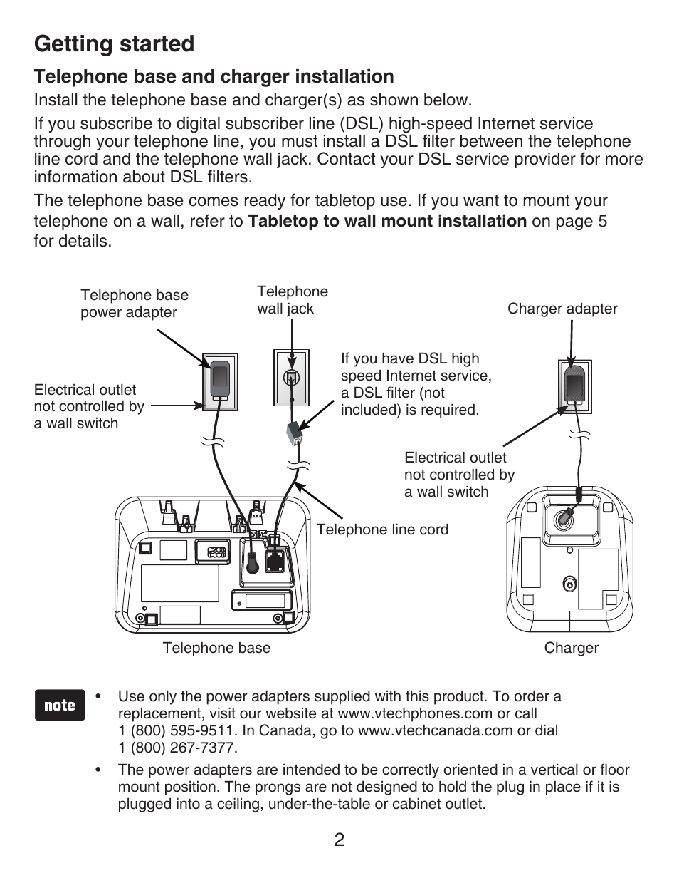 Getting started, Handset back layout, Telephone base and charger installation | Telephone base and, Charger installation | VTech CS6429-4  EN User Manual | Page 6 / 76