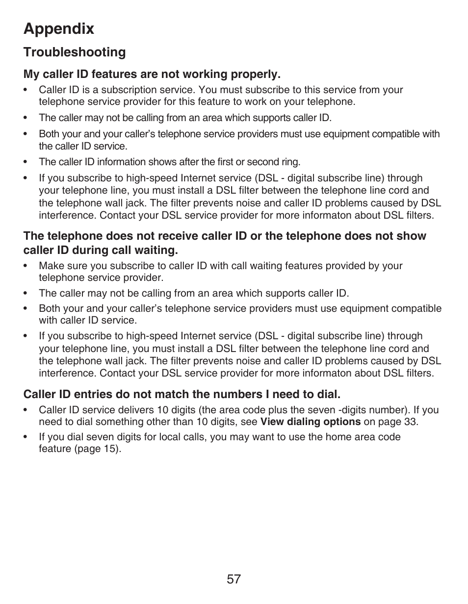 Appendix, Troubleshooting | VTech CS6429-4  EN User Manual | Page 61 / 76